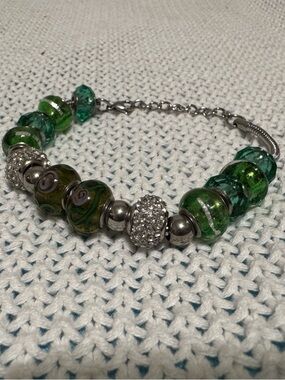 Green Glass Bead Charm Bracelet with Crystal Accent